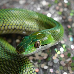 Fototapeta premium green snake on a background of silver sequins and branches of fir trees.