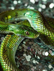 Obraz premium green snake on a background of silver sequins and branches of fir trees.