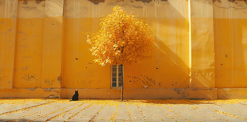  Black cat on yellow wall with tree emerging from wall's base