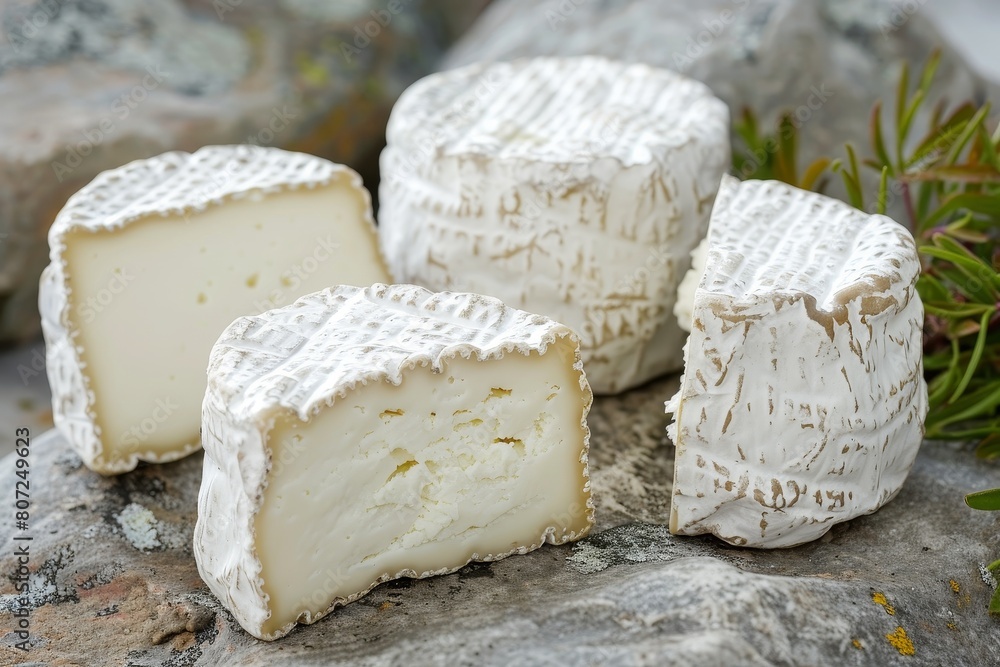 Wall mural Traditional French goat cheeses including chevre chabichou pico and d or