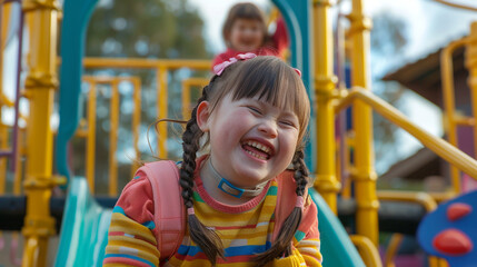 : A happy playground scene with a young child with Down syndrome interacting with kids of varying abilities and letting her laugh all the way around.
