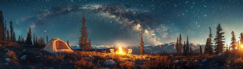 Fototapeta premium Cozy campsite with a tent, campfire, and chairs set up under a starry sky in a serene forest location