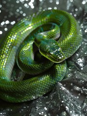 Fototapeta premium green snake on a background of silver sequins and branches of fir trees.