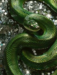 Obraz premium green snake on a background of silver sequins and branches of fir trees.