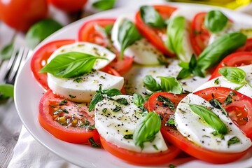 Traditional Italian dish with mozzarella tomato and herbs served on a white plate