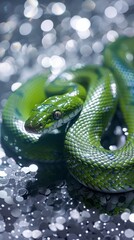 Fototapeta premium green snake on a background of silver sequins and branches of fir trees.