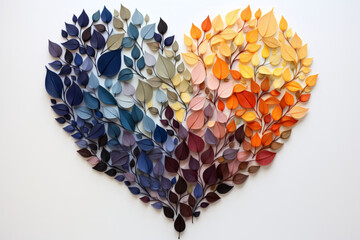 Colorful heart from red, orange, yellow leaves flat lay, white background, heart-shaped arrangement of colorful leaves, vibrant and visually appealing. celebrating Valentine's love and wedding concept