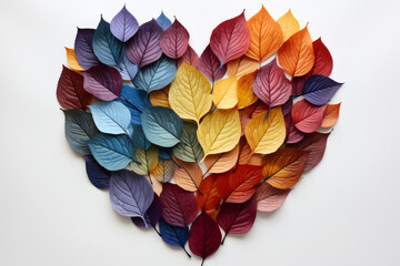 Colorful heart from red, orange, yellow leaves flat lay, white background, heart-shaped arrangement of colorful leaves, vibrant and visually appealing. celebrating Valentine's love and wedding concept