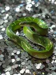 Fototapeta premium green snake on a background of silver sequins and branches of fir trees.