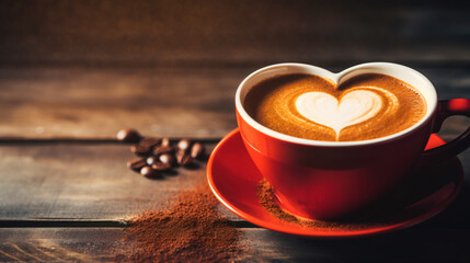 Heart shaped cup of coffee latte and coffee beans on old wooden background, celebrating Valentine's day or romantic date