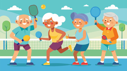 A group of seniors participate in a friendly game of pickleball a popular sport a older adults as part of their local Senior Pickleball League.. Vector illustration
