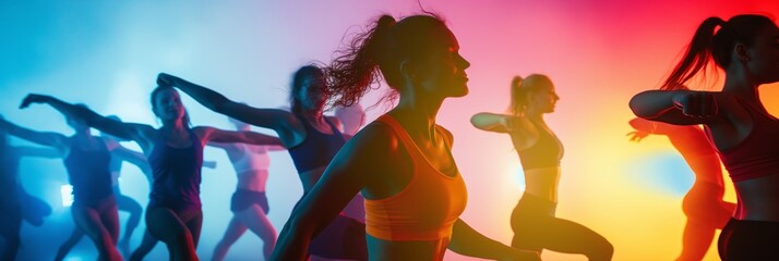 Dynamic silhouetted figures of a dance workout class against a backdrop of colorful neon lights,...