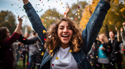 Happy loyal friends celebrating victory with confetti at student outdoor party