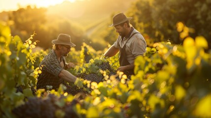 Two Farmers Tending to the Vineyard in the Gentle Morning Light