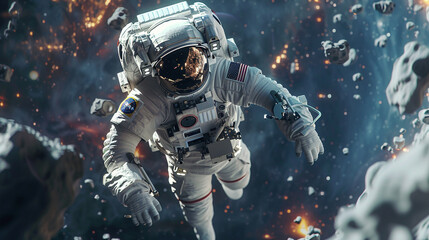 Fototapeta premium A high-tech spacecraft's shining surfaces encircle an astronaut floating in the expanse of space while they conduct experiments on the edge of the universe.