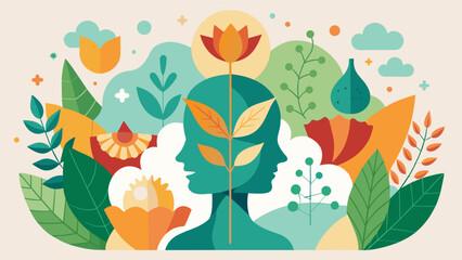 An abstract collage incorporating natural elements such as leaves and flowers to signify the connection between the mind body and nature in achieving.