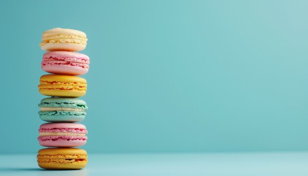 Sweet french macarons stacked on a vintage pastel blue background