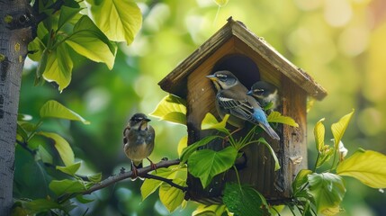 Nature's Family Love: Mama Bird Feeding Her Baby Birds in a Cozy Birdhouse