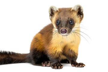 Portrait of European Pine Marten, Martes Martes, 4 Years Old, Sitting on White Background. Isolated