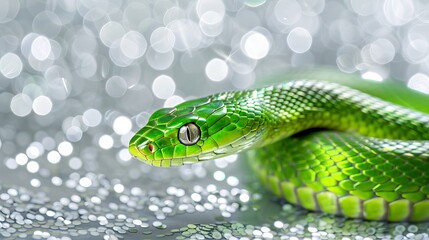 Obraz premium green snake on a background of silver sequins and branches of fir trees.