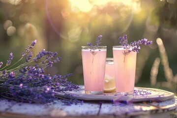 Refreshing Homemade Lavender Lemonade with Glasses on Summer Table Background