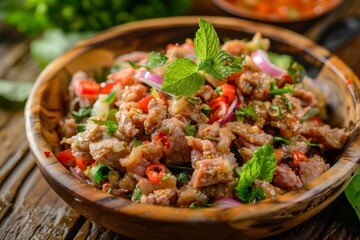 Thai Larb Nam Tok grilled pork salad with mint leaves on wooden table Traditional NE Thai cuisine