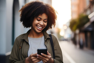 A positive African American woman in casual clothes uses a smartphone
