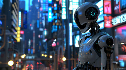 Fototapeta premium A modern humanoid robot helping people in a busy futuristic metropolis, its metallic body reflecting the neon lights of buildings as it does its duties.