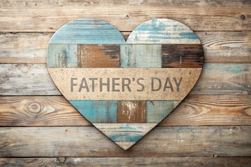 A stylish postcard, a banner for happy Father's Day with a wooden heart on a vintage gray, blue, brown wooden background.