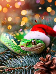 Fototapeta premium green snake with a sanclaus cap.