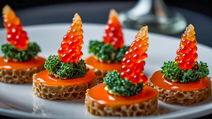 canapés with red caviar in a restaurant appetence