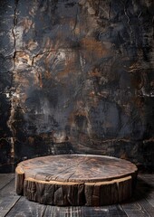 round wood log pedestal with old stone wall for display product