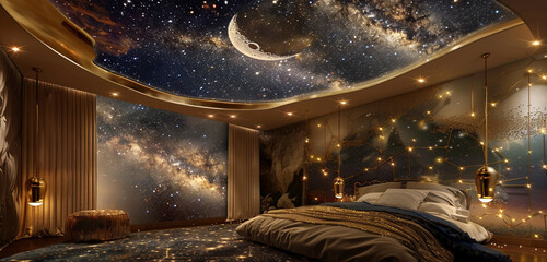 A master bedroom that captures the essence of the night sky, with a ceiling mural of...