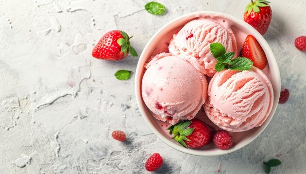 Top down view of strawberry ice cream in a bowl set on a white stone background