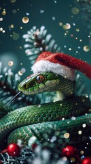 Fototapeta premium green snake with a sanclaus cap.