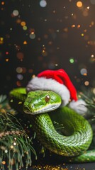Fototapeta premium green snake with a sanclaus cap.