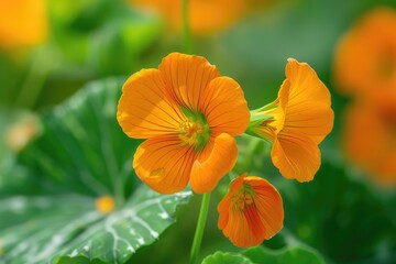 Fototapeta premium Closeup of Edible Nasturtium Flower (Tropaeolum Majus) in Vibrant Orange and Yellow Colors - Spring