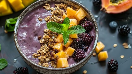 Topdown view of acai bowl with granola and tropical fruits. Concept Food Photography, Acai Bowl, Granola, Tropical Fruits, Topdown View