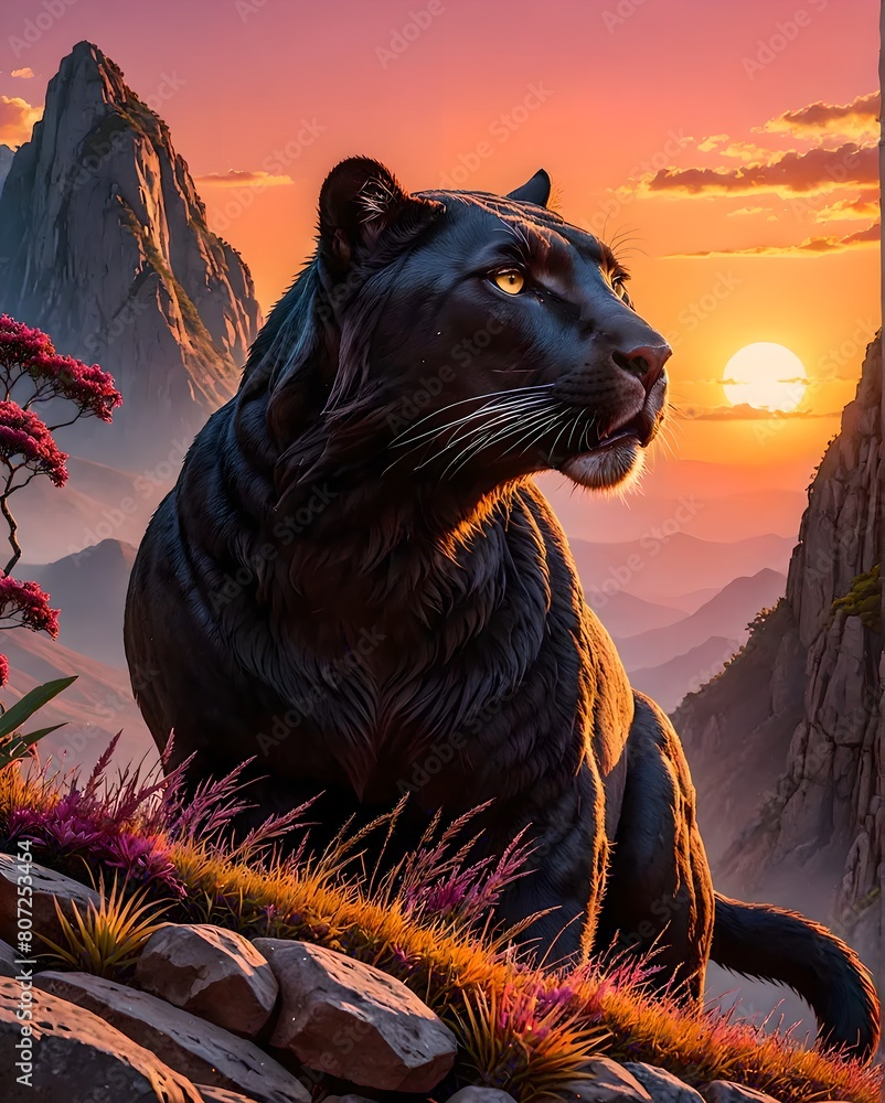 Canvas Prints AI generated illustration of a black tiger relaxing on rocks during sunset