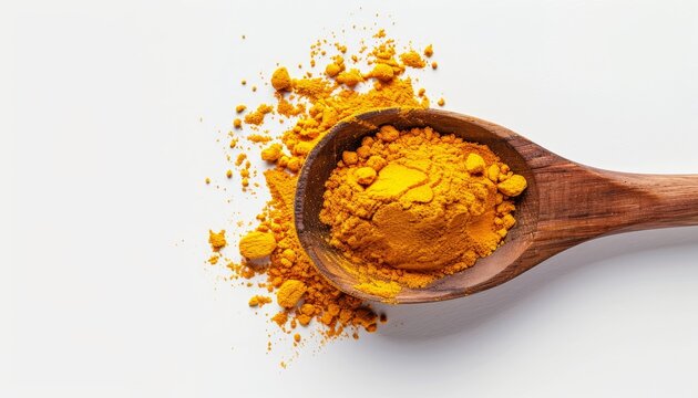 Top view of turmeric powder in wooden spoon on white background