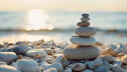 Tower of pebbles on beach for holistic mental health