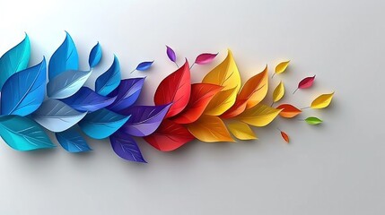   Multicolored leaves on white background with shadows to the left