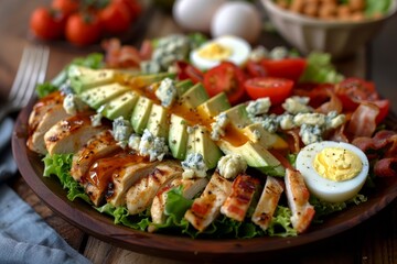 Traditional cobb salad with bacon chicken tomato egg avocado and blue cheese