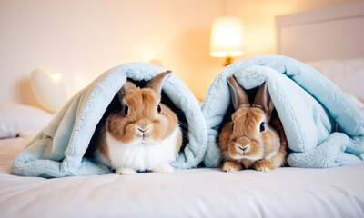 Two rabbits are curled up under a white fluffy blanket on top of the bed. Couple cute Easter bunny baby rabbits laying on cozy background. Pascha, Resurrection Sunday, Christian cultural holiday