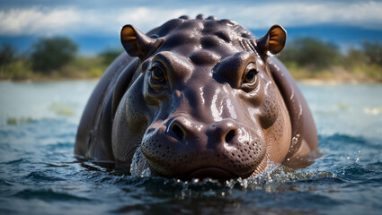 a close up of a hippo face.