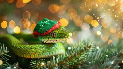 green snake with a sanclaus cap.