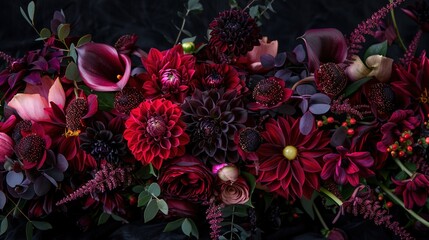 an opulent bouquet of deep burgundy dahlias, calla lilies, and anemones, radiating sophistication and drama with their rich, velvety tones and intricate textures.