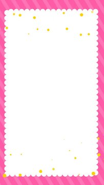 4k vertical pink frame on transparent background( Alpha Channel) Cute girlish suit design. Lace border yellow small dots confetti. Ice Cream shop cafe style. Striped pastel backdrop. Seamless looping
