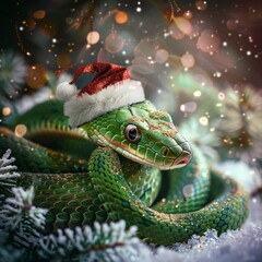 Fototapeta premium green snake with a sanclaus cap.