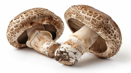**Assistant**..Two large brown mushroom caps with white gills underneath sit on a white surface.